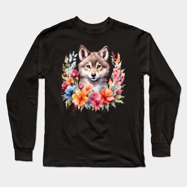 A wolf decorated with beautiful watercolor flowers Long Sleeve T-Shirt by CreativeSparkzz